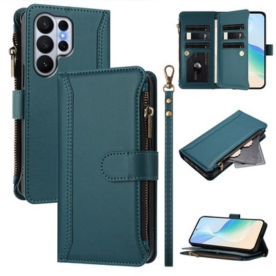 Wallet Case For iPhone Samsung Huawei Zipper 9 Card Leather Bag Flip Stand Cover