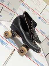 Vintage Retro Roller Skates Black Leather With Wooden Wheels Antique Display