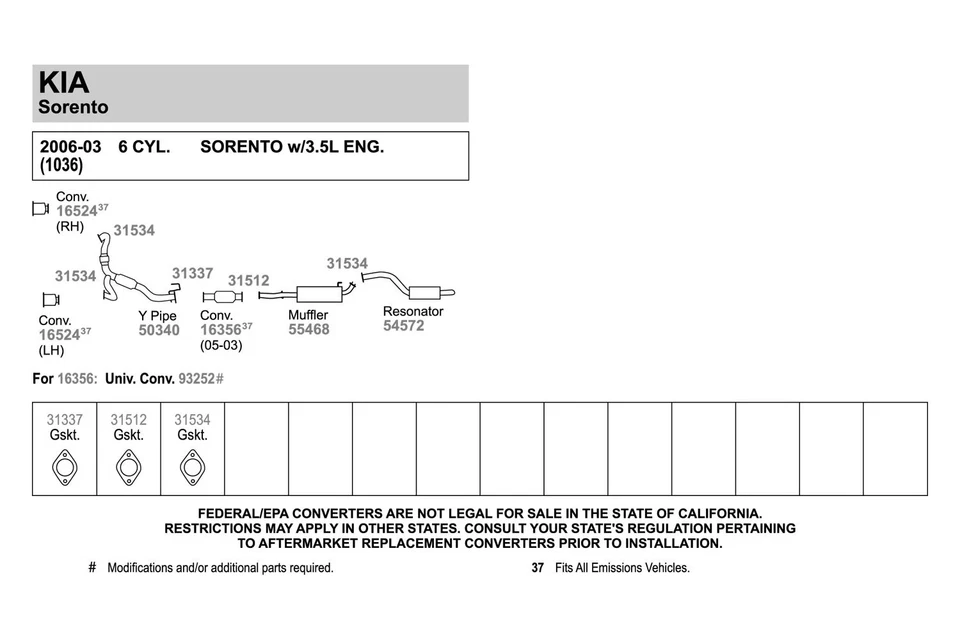 For Kia Sorento 2003-2006 Walker 50340 Aluminized Steel Exhaust Y-Pipe Foto 2 de 2