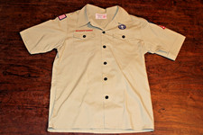 Boy Scouts of America BSA Youth Shirt Tan Large Sewn Patches Short Sleeve