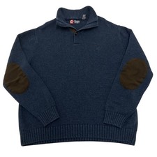 Chaps Button Neck Knit Jumper Mens XL Navy Blue Elbow Patch Sweater Cotton