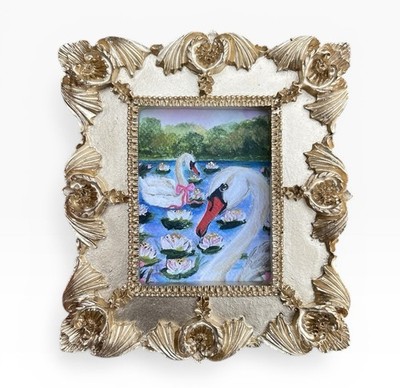 Pair of White Swans watercolor print in gold vintage style ornate frame