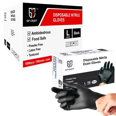 GP Craft Black Nitrile Gloves 5Mil Latex-Free Disposable Food Safe (1000, Case)