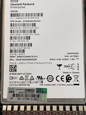 HPE 400GB SAS 12G WI SFF 2.5 SSD SC 7PBW 10DWPD Write Intensive