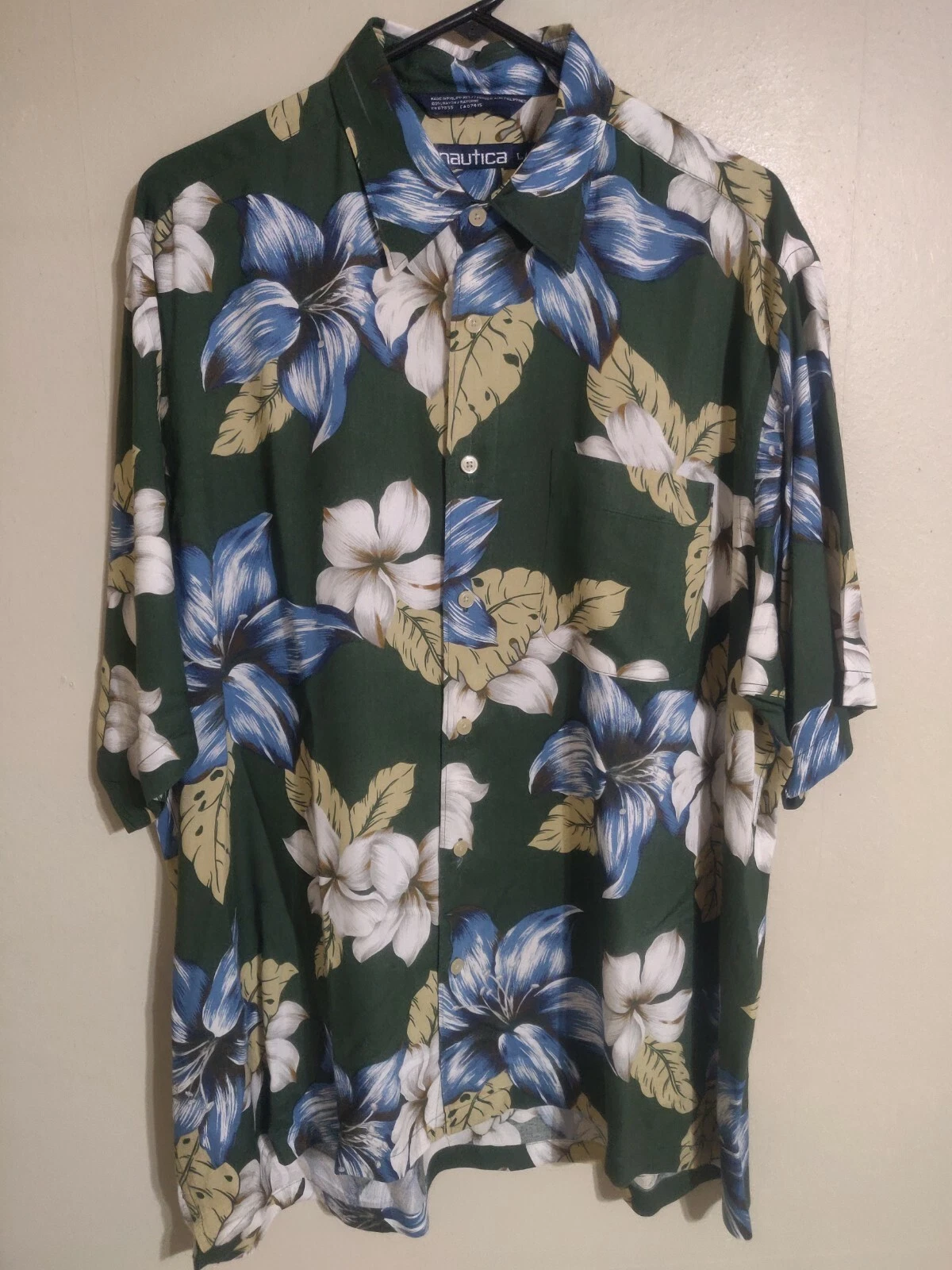 Vintage Nautica Rayon Green Floral S/S Button Down Hawaiian Shirt - Men's Large