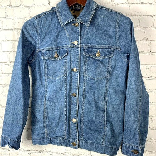 Denim & Co Jean Jacket size XS Blue Button Front Leopard Faux Fur Lining Pockets - Picture 2 of 8