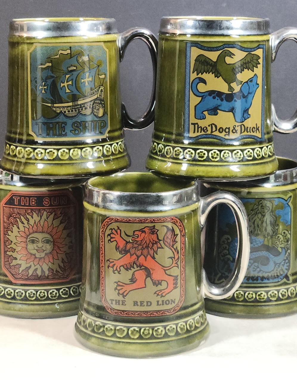 Lord Nelson Pottery Mug Set of 5 YE OLDE INN Green Beer Tankard Series England
