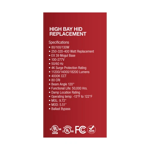 Satco S33114 LED 100V-277V Metal Halide HID 80W 100W 130W =400W Mogul EX39 4000K - Picture 10 of 12