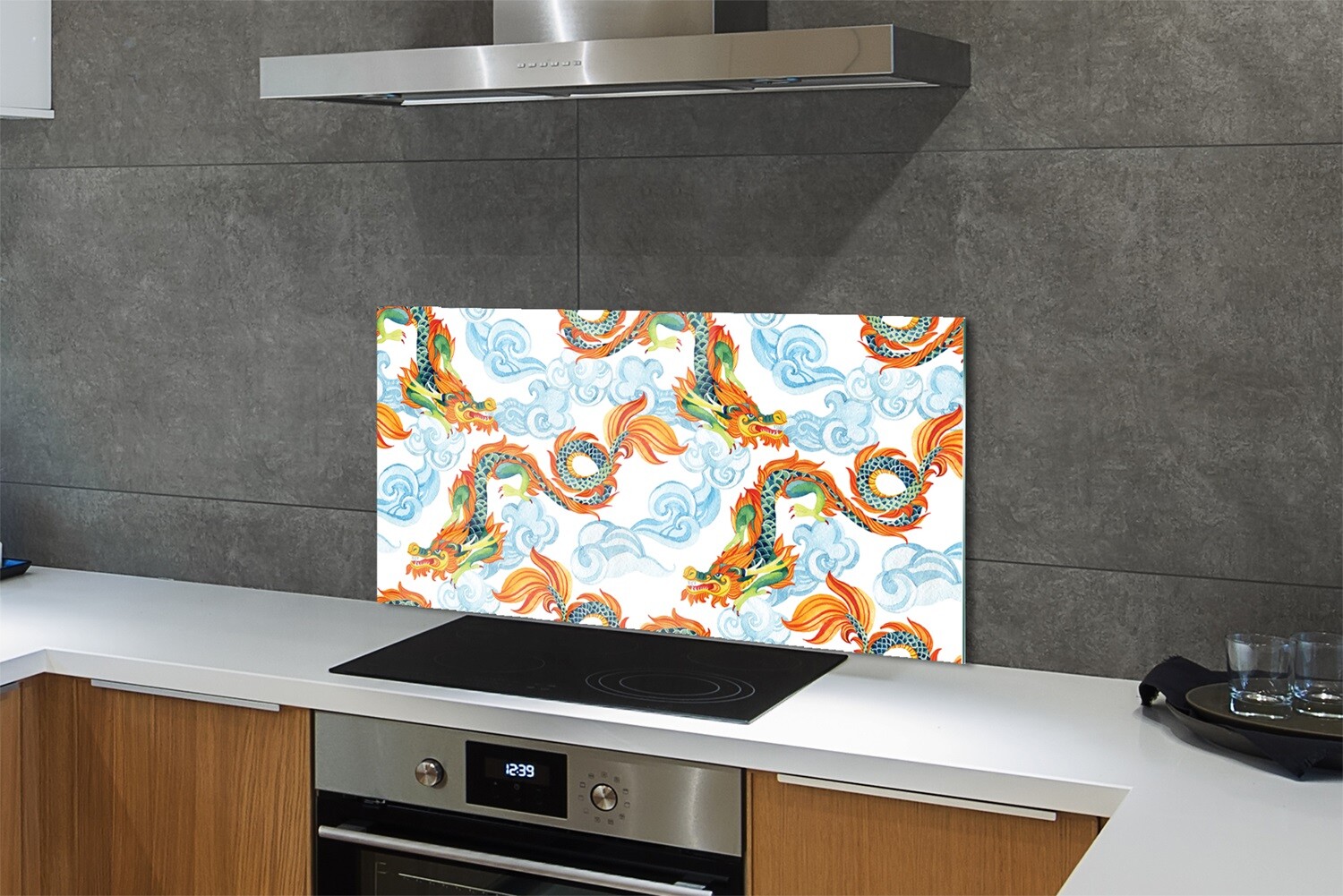 Tulup Panel de vidrio 125x50 cm protector Dragones de colores japoneses