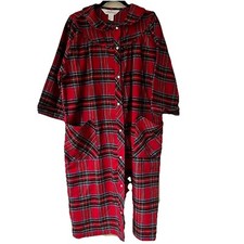 Vermont Country Store Flannel Night Gown L Red Plaid House Coat Snap Front Robe