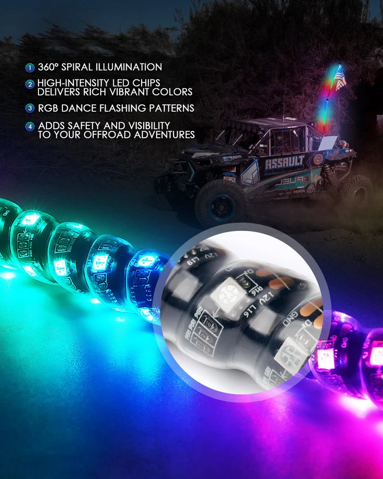 XPrite 4 英尺螺旋 LED 灯鞭遥控跳舞适用于 UTV Polaris RZR Can-Am 4x4 — 第 3/4 张图片