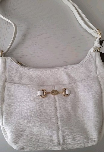 Giani Bernini Shoulder Bag Horsebit White Pebble Leather Hobo Gold Zip Top NWT - Picture 4 of 6