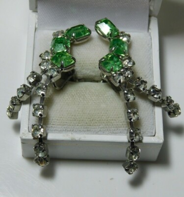 Vintage Cascade Silberfarben Grün Weiß Glänzend Strass Schraube Ohrringe 5a 14