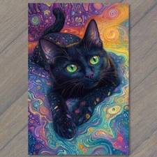 Art Print Black Cat Green Eyes Lying on Colorful Psychedelic Kitty Halloween