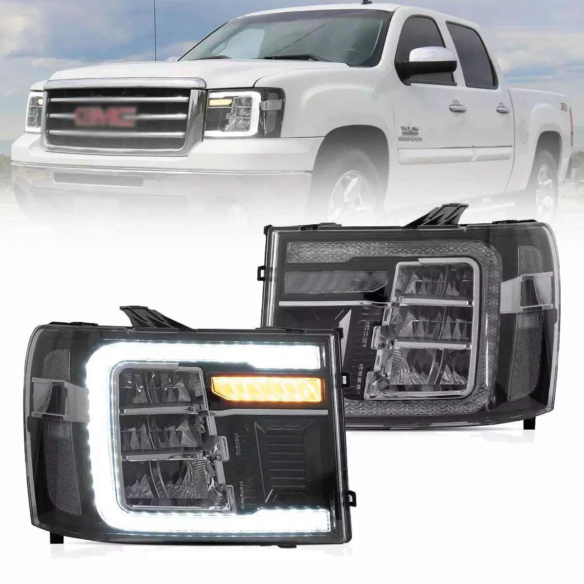 Full LED Headlights For 2007 2013 GMC Sierra Blk Sequential Tube