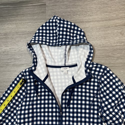 J CREW Hoodie Women S Full Zip Long Sleeve Blue White Gingham Check Jacket - Picture 8 of 15