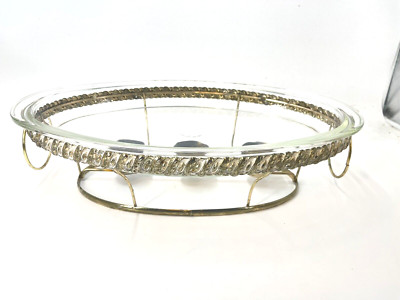 Vtg Mid Century Pyrex 1233 Oval Baking Casserole Dish with Silver plate Warmer