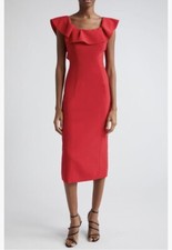 NWT $1990 Carolina Herrera Ruffle Neck Sleeveless Crepe Pencil Dress, CRIMSON!