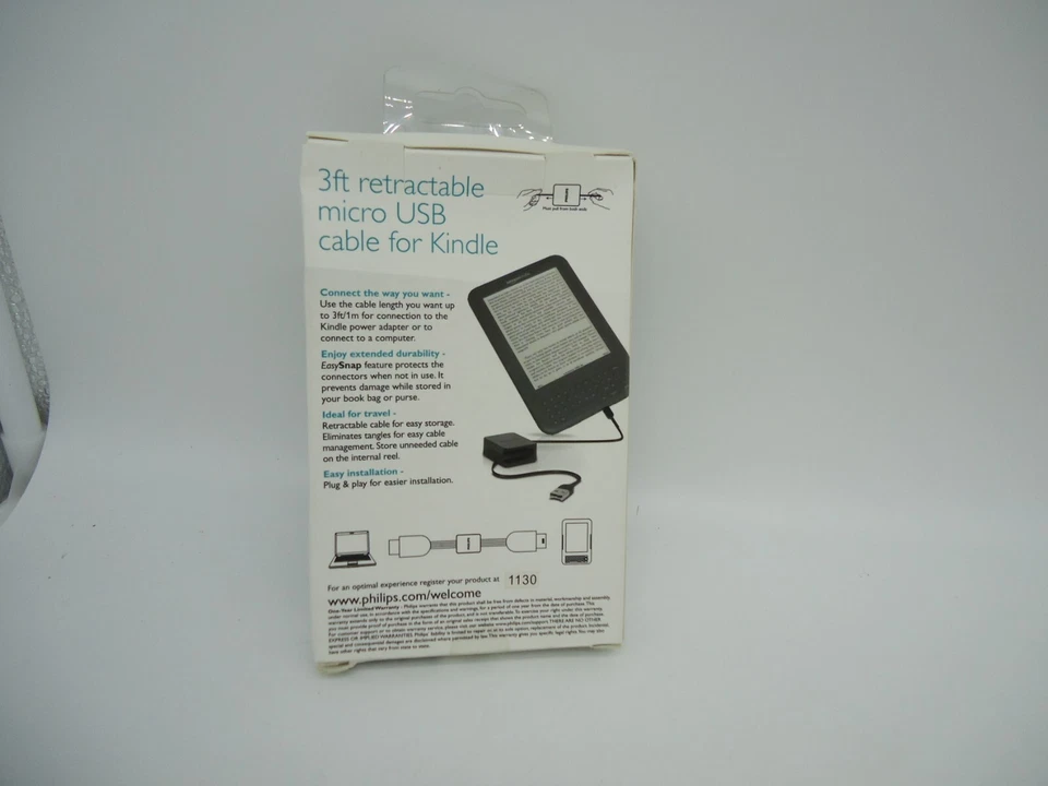 Cable micro USB retráctil de sincronización y carga Philips de 3 pies para Kindle nuevo (BP) Foto 2 de 3