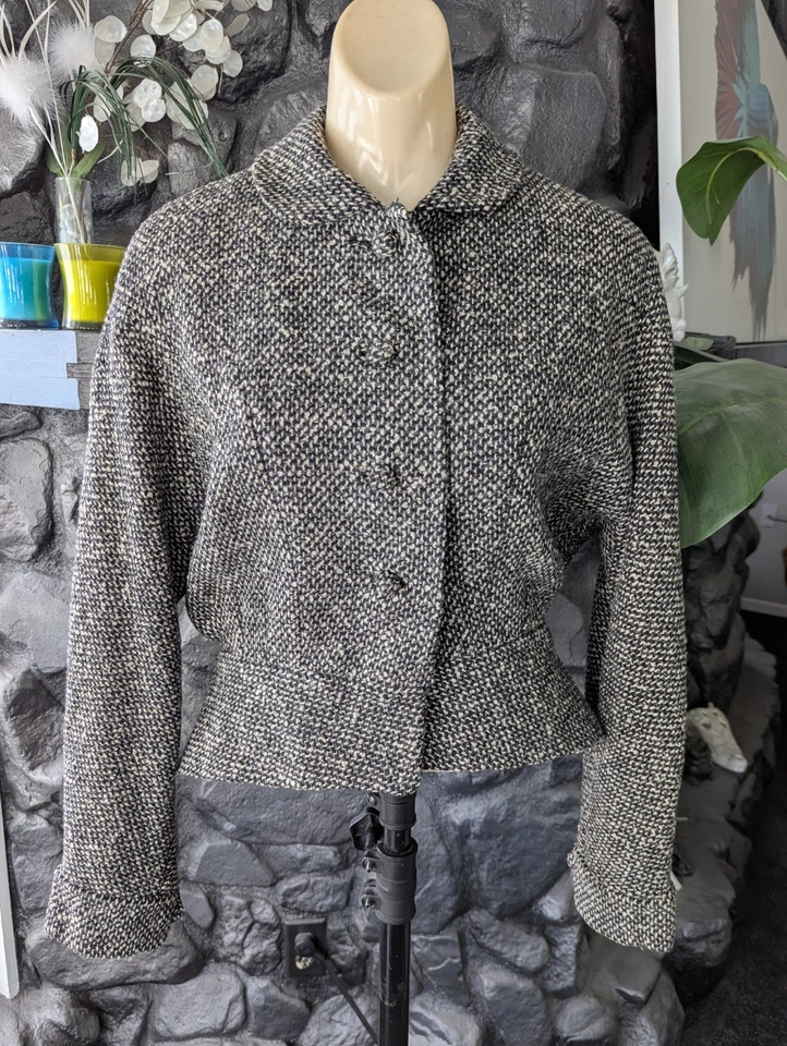 Chaqueta De Colección Años 40’s/50’s Kennie Original Ajustada Tweed Lana Negra Blanca Eisenhower SM Foto 2 de 4