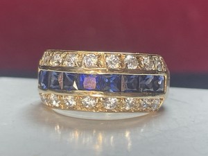 14K GOLD BLUE SAPPHIRE & DIAMOND BAND WEDDING VINTAGE 6grs SIZE 6.75 SIGNED