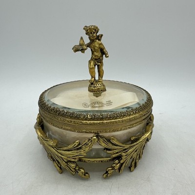 Vintage Vanity Powder Trinket Box Jar Cherub 24K Gold Beveled Glass Globe