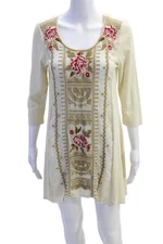 Johnny Was Womens 3/4 Sleeve Floral Embroidered Mini Shirt Dress White Small