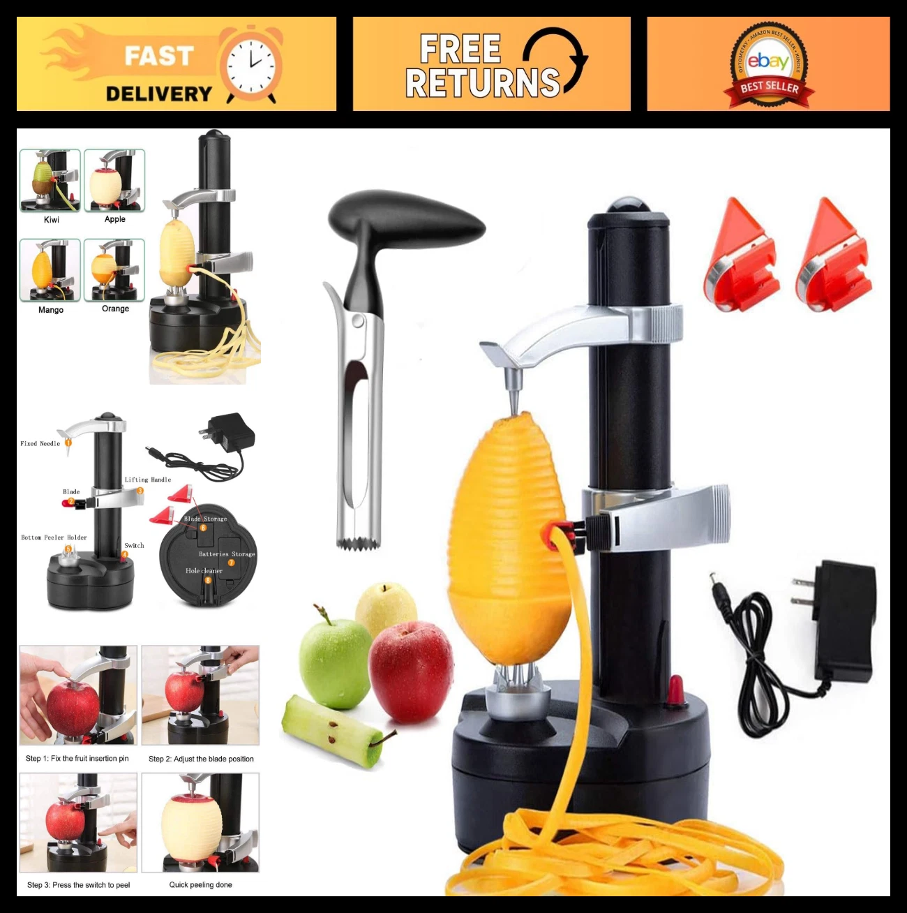 Automatic Electric Potato Peeler Machine for Fruits & Vegetables, 2 Extra Blades