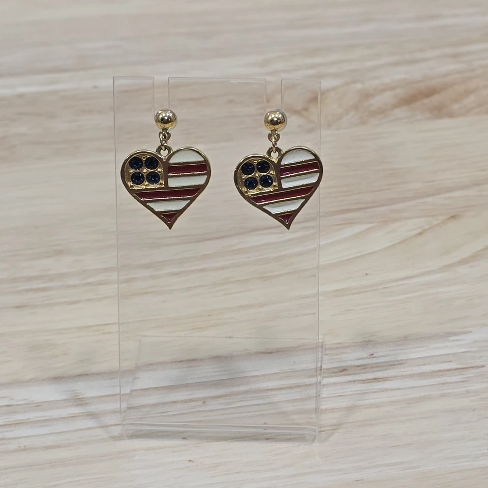 Pendientes perforados vintage tono dorado rojo blanco esmalte corazón bandera EE. UU. patrióticos de EE. UU. Foto 4 de 4