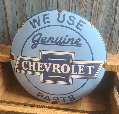 Vintage We Use Genuine Chevrolet Parts Porcelain Metal Sign Chevy Service
