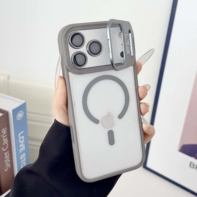 For iPhone 15 16 17 Pro Max Magnetic Kickstand Matte Shockproof Case + Lens Filn