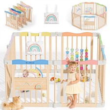 Foldable Wooden Baby Playpen - Adjustable 8-Panel Wood Play Yard - Indoor