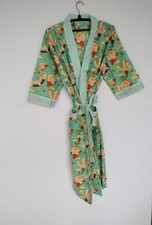 Indian Green Bird Striped Print Cotton Robes Long Kimono Sleepwear Night Suit
