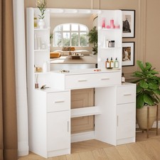 Vanity Desk with Mirror and Lights, LED Makeup Vanity with Drawer and Cabinet