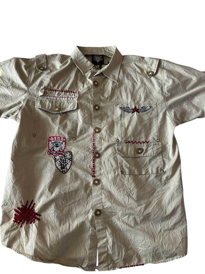 Y2K Hama Jeans Para Hombre 2XL Caqui Bordado Botón Camisa Batalla Cry Wings Estrellas Foto 3 de 4