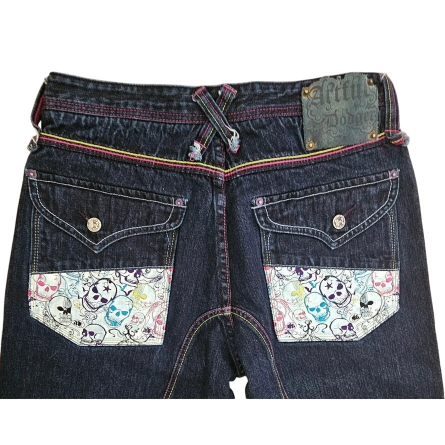 Artful Dodger Skull Design, Colored Stitching Distressed Jeans Sz 34, Y2K,  NEW - Image 4 of 4