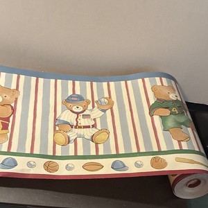 Kids Teddy Bear Sports Striped Wallpaper Border, Washable Matte, 099R3852