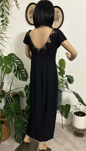 Vintage 80s Women’s Formal Party Dress LBD Sexy Black Maxi Sz S-M Soutache Neck - Picture 6 of 13