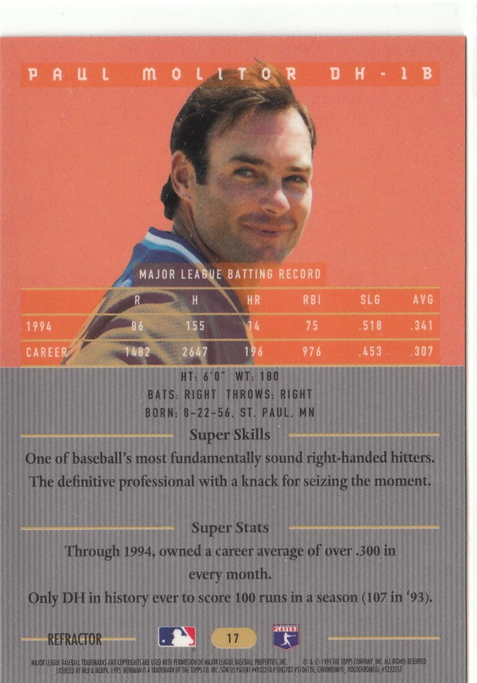 1995 Bowman's Best Refractors Refractor #R17 Paul Molitor Blue Jays - Image 2 of 2