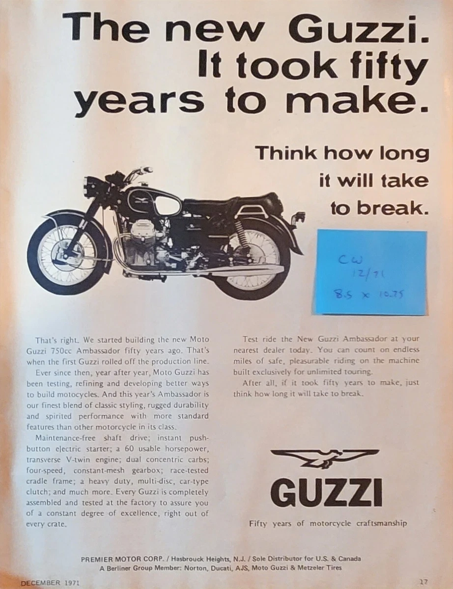 1971 Cycle World original Moto Guzzi Vintage Motorcycle Parts Ad