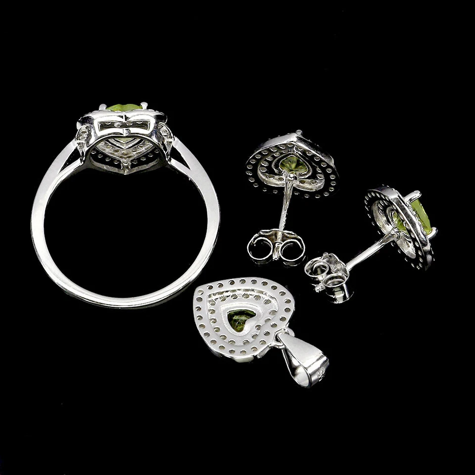 Valentine 925 Argento Sterling Set Cuore Peridoto 5mm Gemma Gioielli Misura 7 - Immagine 3 di 4
