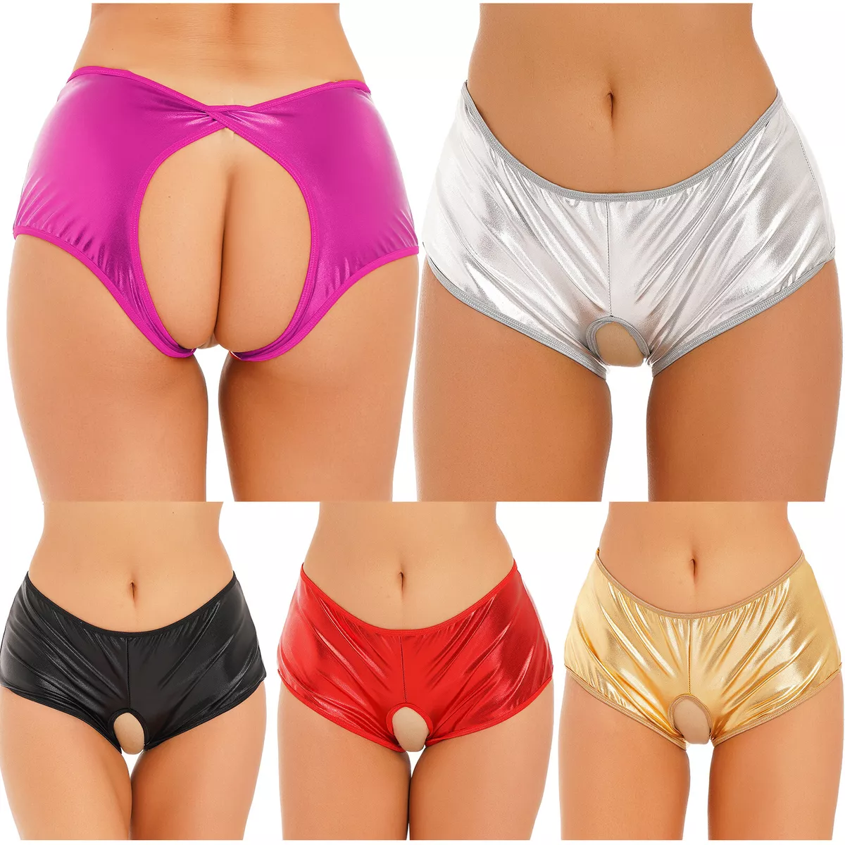 Women Shiny Metallic Crotchless Booty Shorts Low Rise Panties