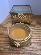 Vintage Brass  Glass Trinket Boxes Round  Square