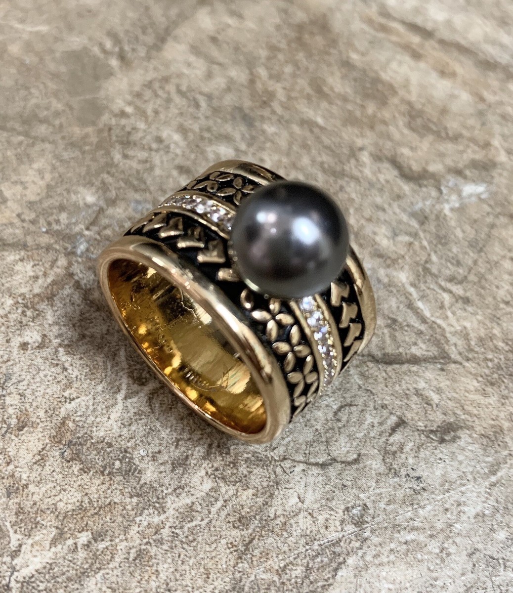 Gold Plated Tribal Black Enamel Scroll Hawaii Shell Pearl Ring