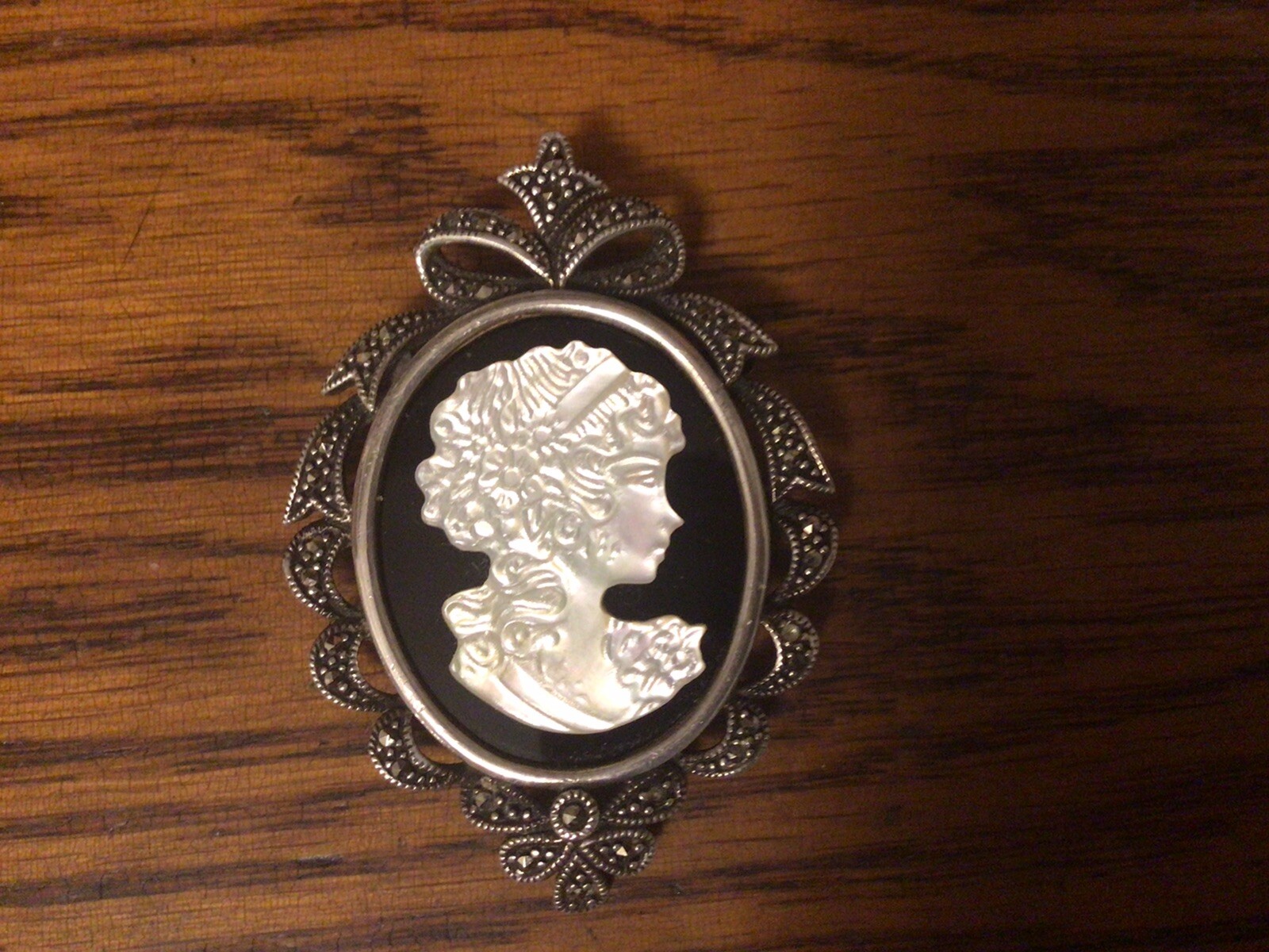 Vintage Mother of Pearl Onyx Marcasite Sterling Silver Cameo Pendant and Pin