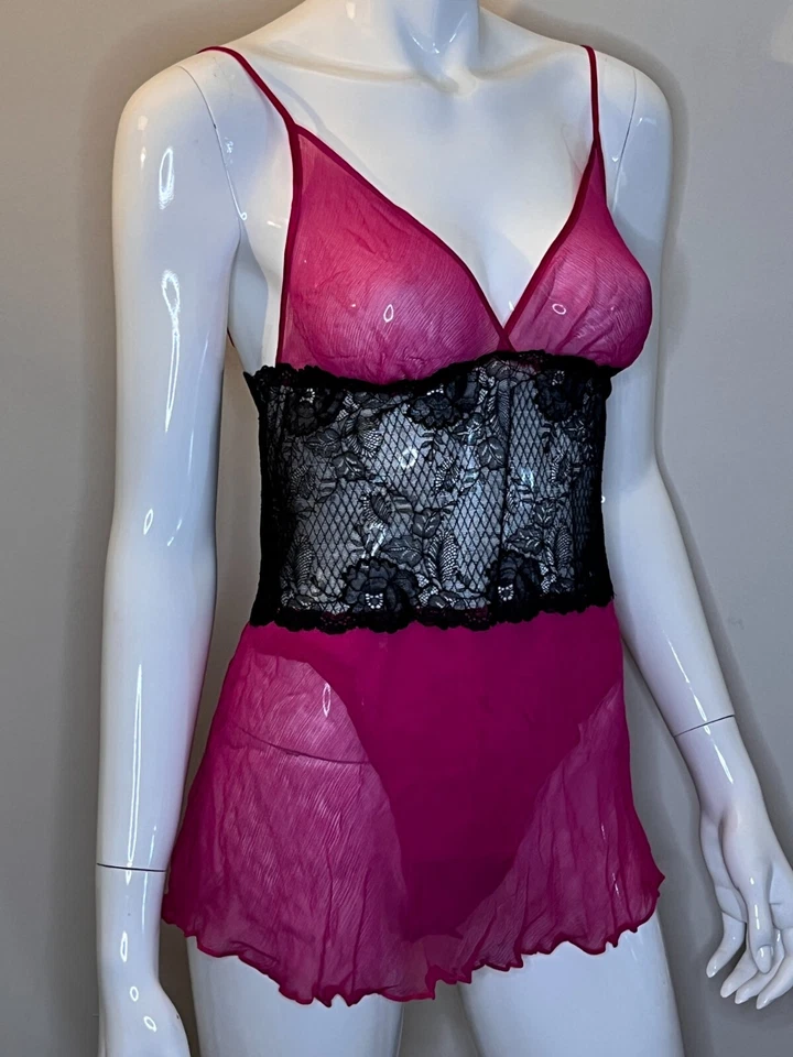 Bodysuit Samantha Chang Babydoll Feminino Sexy Lingerie de Seda Preto Rosa Renda - Imagem 2 de 4