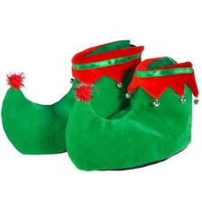 Red Green Elf Shoes - Red and Green Velvet Holiday Elf Feet Slippers with Jin...