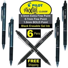 Pilot FriXion Clicker Pens 05 07 & 10, Black Erasable Gel Ink, Pack of 6 Pens