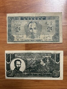 North Viet Nam DCCH Banknotes 1947 - 1948 - HCM 1 & 5 Dong - RARE - Circulated.