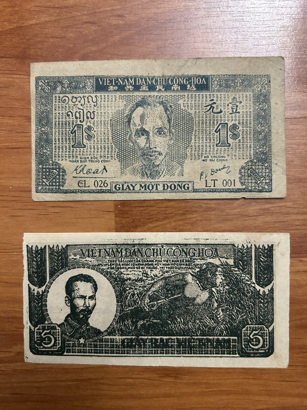 North Viet Nam DCCH Banknotes 1947 - 1948 - HCM 1 & 5 Dong - RARE - Circulated.